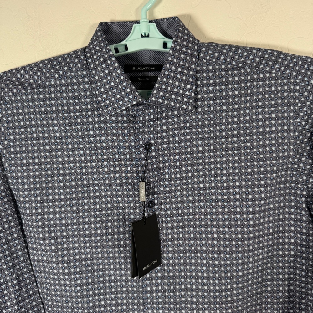 Bugatchi Shirt Mens Medium Blue Button Up Long Sleeve Geometric Print New